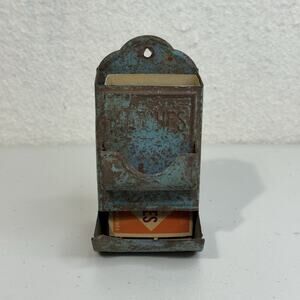 VTG Blue Rusted Metal Wall-Mounted Matchbox Holder Box Wooden Matches Farmhouse
